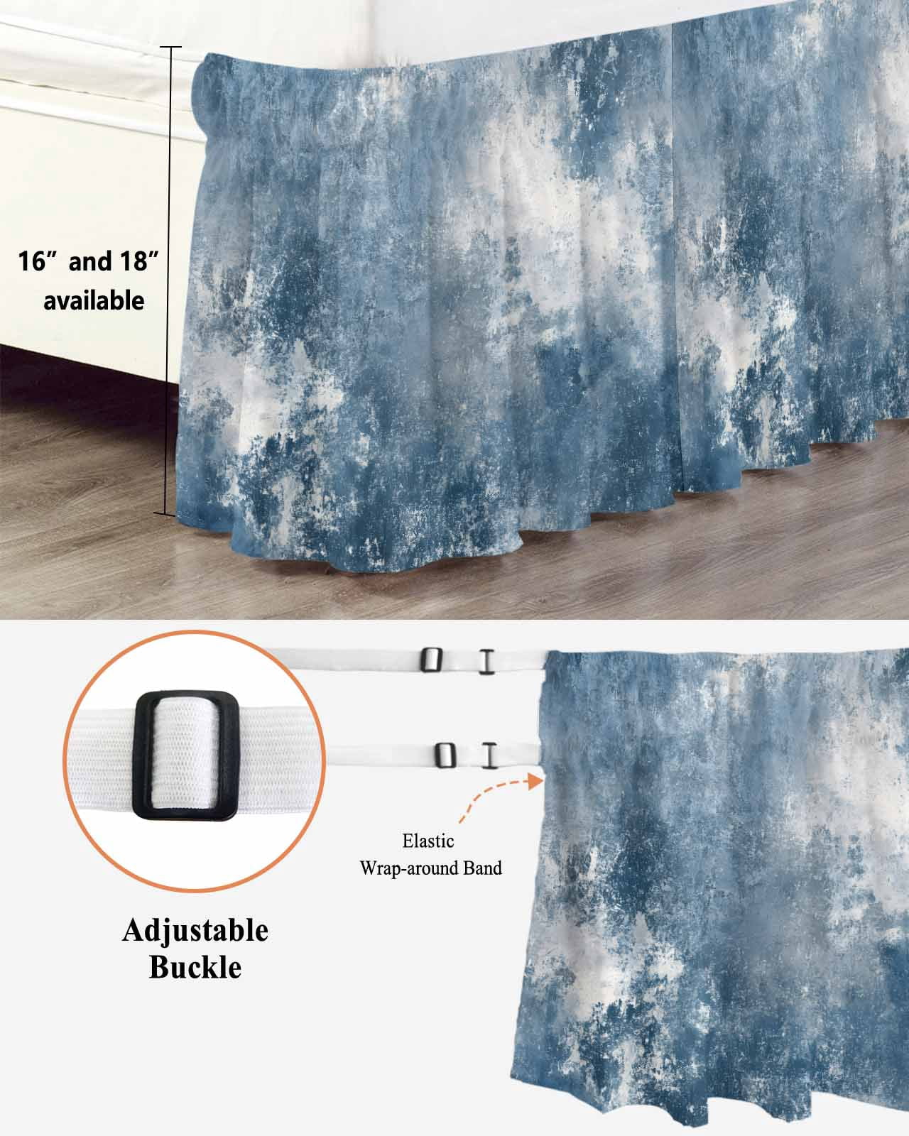 Blue Grey Wrap Around Bed Skirts for Queen Bed 16" Drop, Bed Skirt with Adjustable Elastic Belt Dust Ruffle Bed Valance for Bedroom Hotel Luxury Oil Painting Modern Abstract Bed Frame Cover