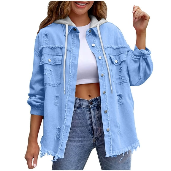 APEXFWDT Women's Distressed Denim Jacket Removable Hood Long Sleeve Button Down Jacket Fashion Casual Coat for Brunch Dates & Weekend,S,Sky Blue