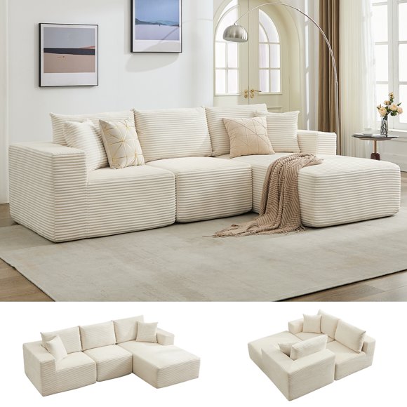 Memory Foam Couch Modular Sectional Sofa,108'' Corduroy l-Shaped Sofa with Deep Seat & Throw Pillows, No Assembly, Comfy Cloud 3-Seater Couch with Chaise, for Living Room