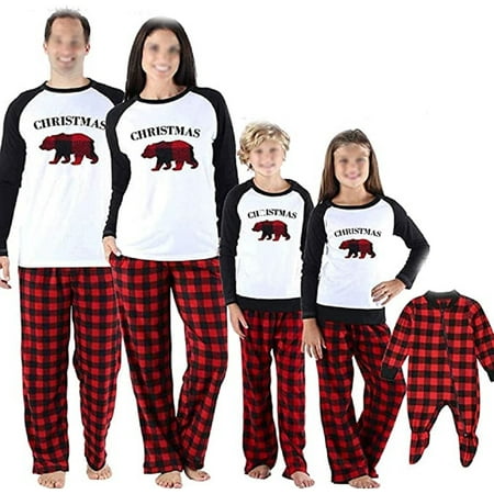 

Fanvereka Family Matching Christmas Pajamas 2Pcs Suits Cartoon Bear Printed Tops Plaid Pants Sleepwear