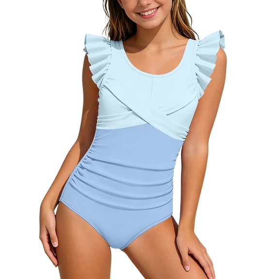 Tiijoy Girls Ruffle One-Piece Swimsuit UPF 50 Color Block Ruched Bathing Suit, Sizes 6-14