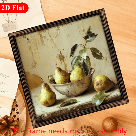 2D Flat, Vintage Still Life with Pears Bowl Wooden Framed Art Print - 12x12 Inch Rustic Wall Decor for Kitchen, Farmhouse, Cafe, Bathroom, Indoor - Perfect Holiday Gift