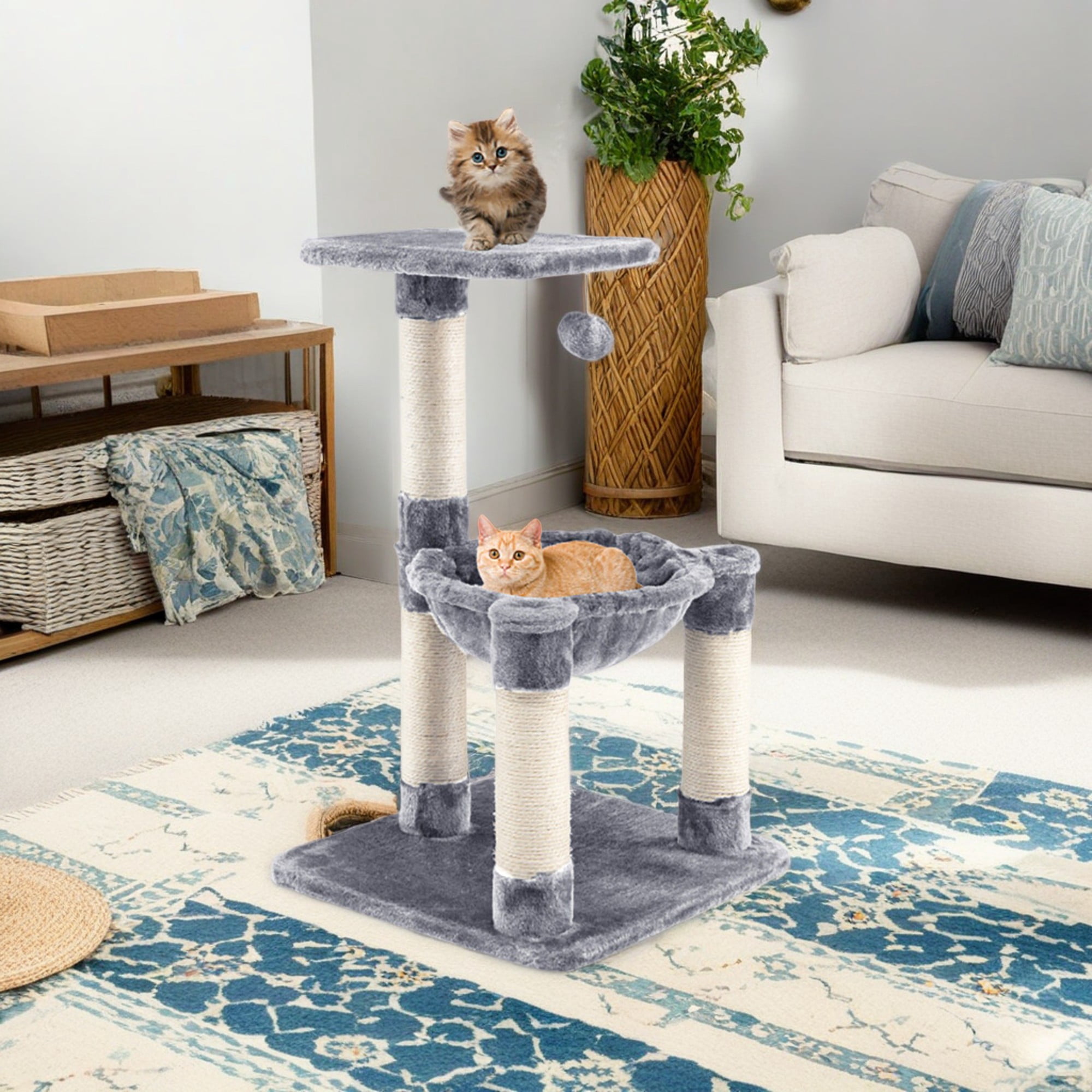 Pefilos 25" Cat Scratching Post, Sisal Rope Scratcher Tree with Hammock and Dangling Ball, Multi-level Cat Tree for Kittens and Adult Cats, Gray