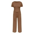 thumbnail image 4 of Women's Summer Knit Trousers Suit Casual Round Neck Short Sleeve Long Pants Set Comfortable Pure Color Outfit For Daily Wear Dressy Outfits for Women Tracksuit for Women Jacket And Pants Set for Women, 4 of 5