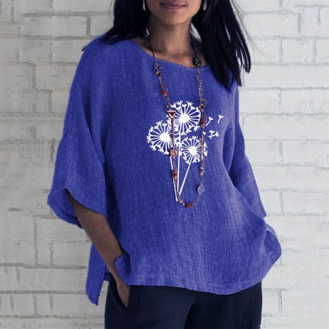 Hauts d'Été pour Femmes 2023 Haut Sexy Imprimé Régulier Bouton Col Rond Manches Courtes Manches Trois-Quarts Boho Grande Taille T-Shirt pour Femmes