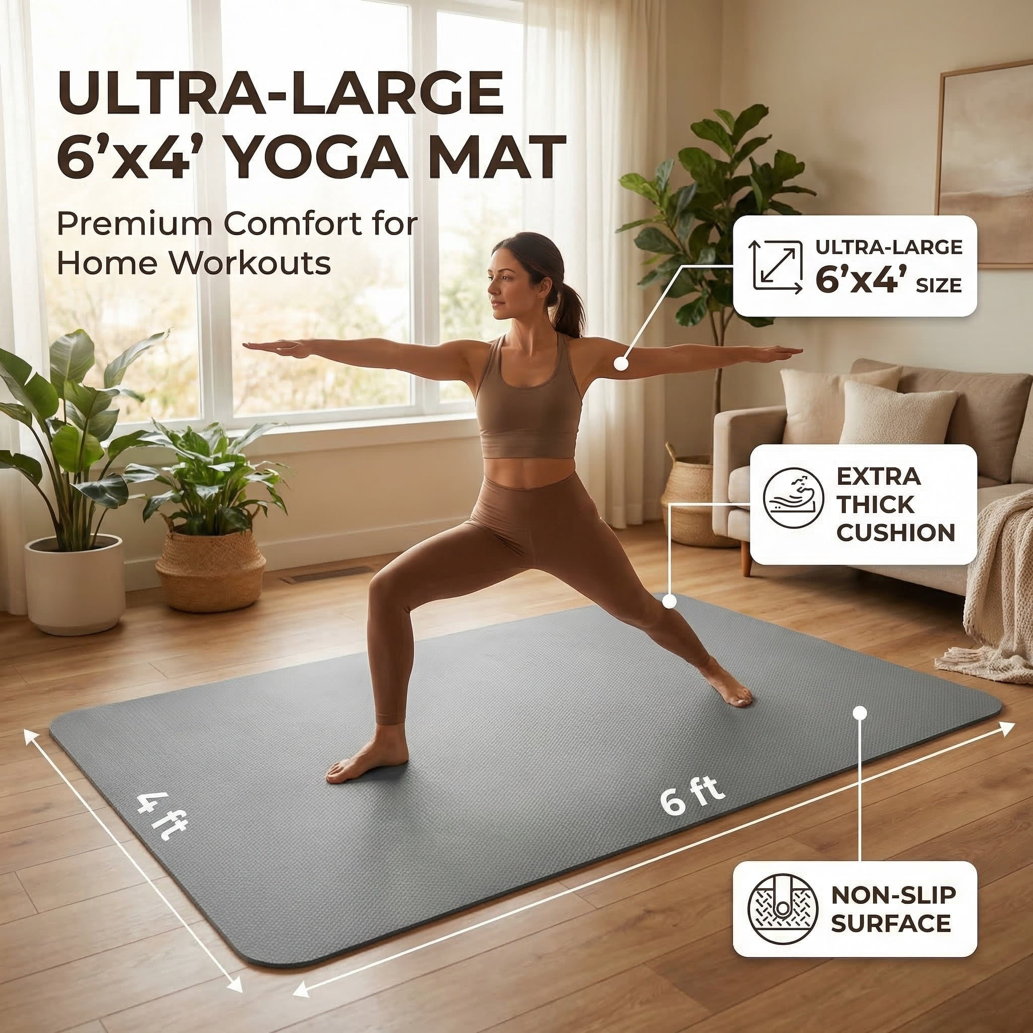 FrenzyBird Large Yoga Mat 6'x4' (72"x48") 183x122cm, 1/4" & 1/3" Thick TPE Non-Slip Extra Wide Exercise Mat, Big Home Workout Mat for Yoga, Pilates, Gym & Floor Workouts for Women & Men（6mm Gray）
