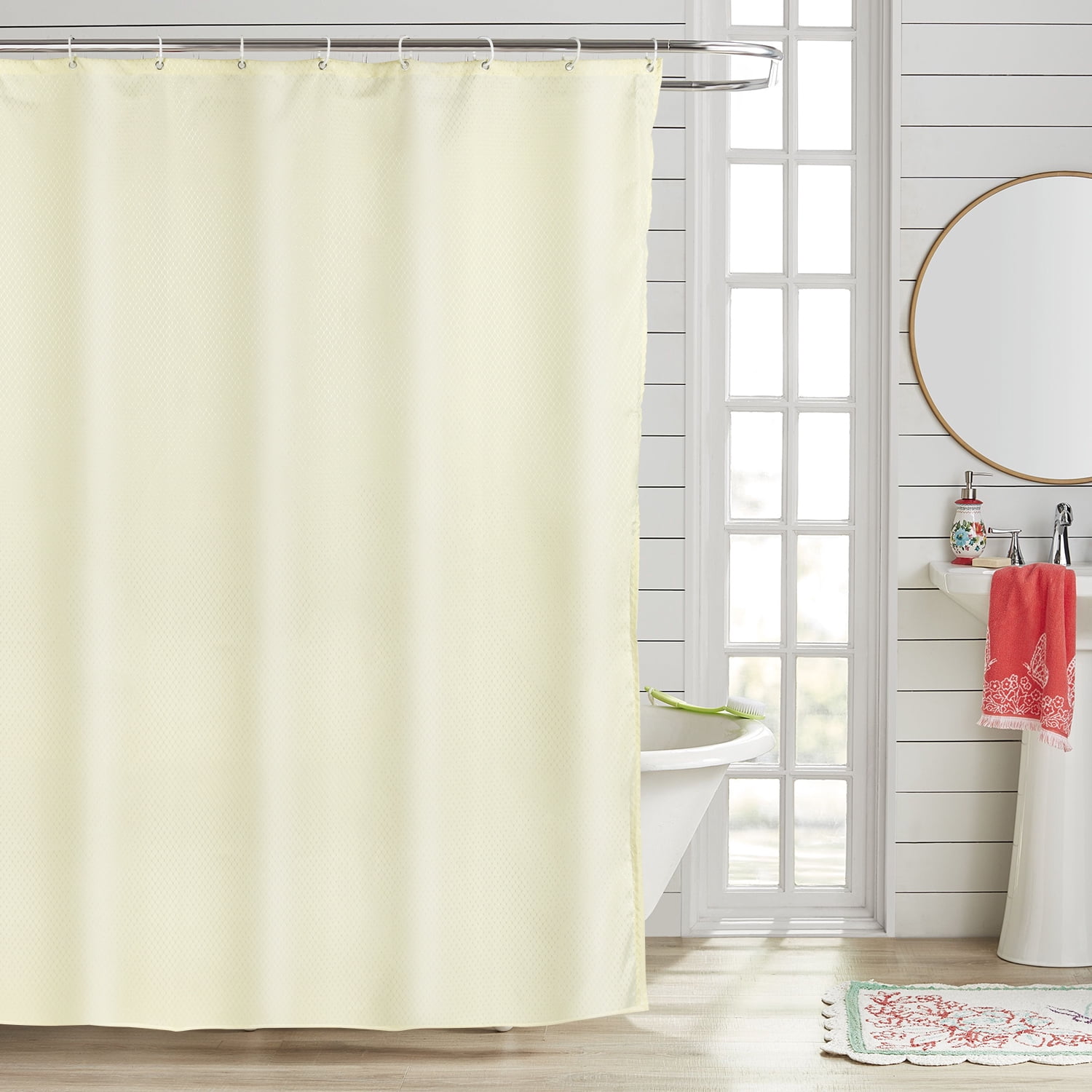 Coolmade Waffle Weave Shower Curtain, 12 Hooks Included - Hotel Style, Waterproof & Washable, Heavyweight Fabric & Mesh Top Window - 72x72,Beige