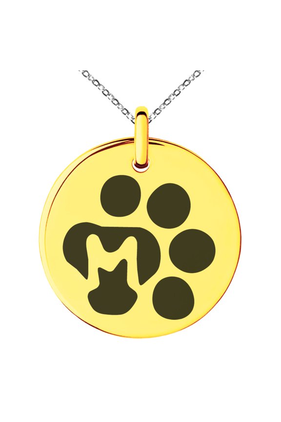 Stainless Steel Letter M Initial Cat Dog Paws Monogram Engraved Small Medallion Circle Charm Pendant Necklace