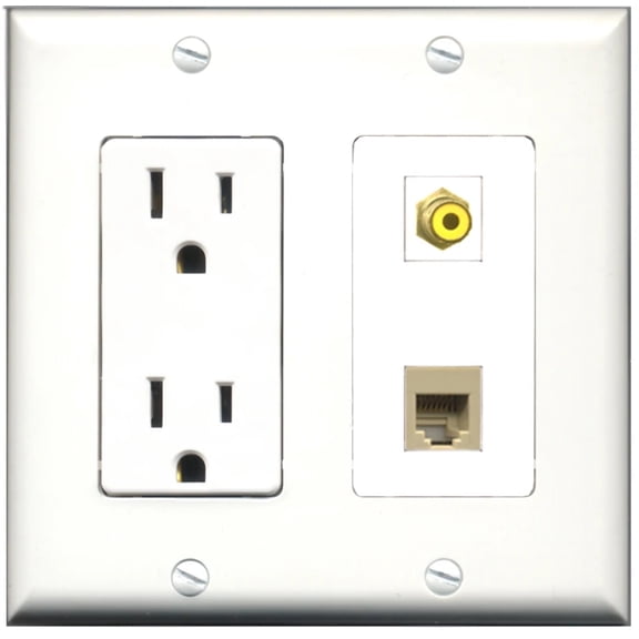 Ultra Spec Cables 15 Amp Power Outlet 1 Port RCA Yellow 1 Port Phone RJ11 RJ12 Beige Wall Plate
