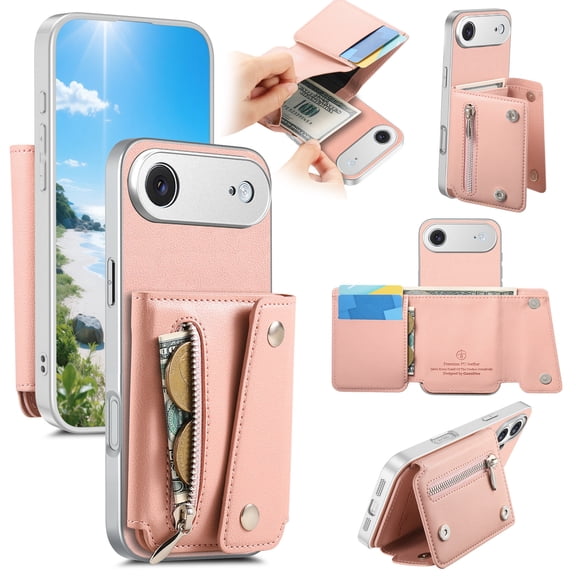 Lunvic Wallet Case for iPhone Air with Zipper Pocket Card Holders Cash Slot Magnetic Kickstand PU Leather Cover, Pink