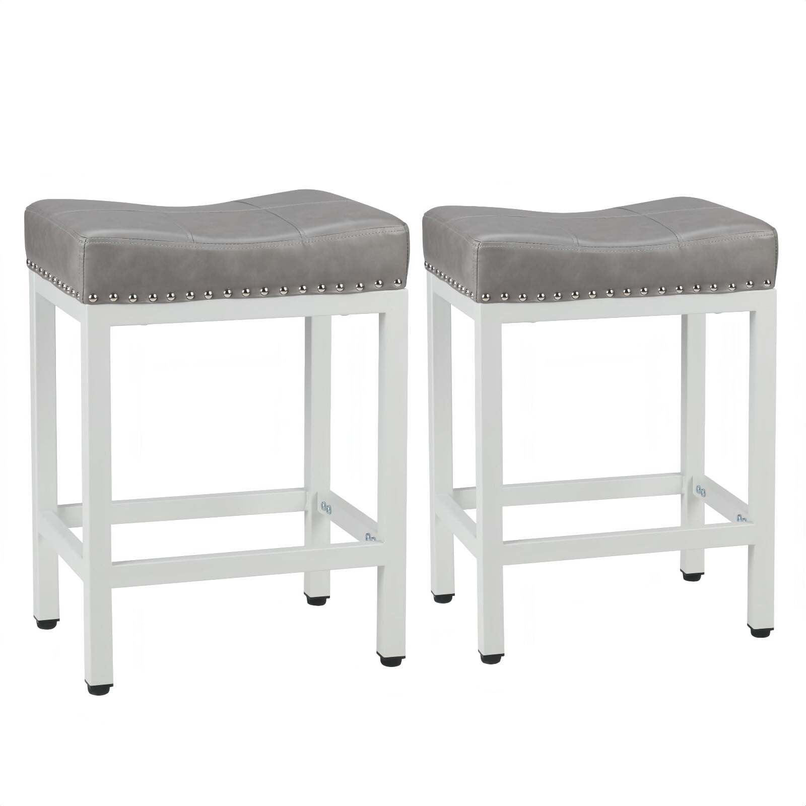 Kelno 24 Inch Saddle Bar Stool Set of 2 PU Leather Counter Stools with Steel Frame and Footrest, Gray