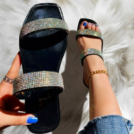 

Follure Fashion Spring And Summer Women Slippers Flat Bottom Rhinestone Sequins Large Size Beach Shoes