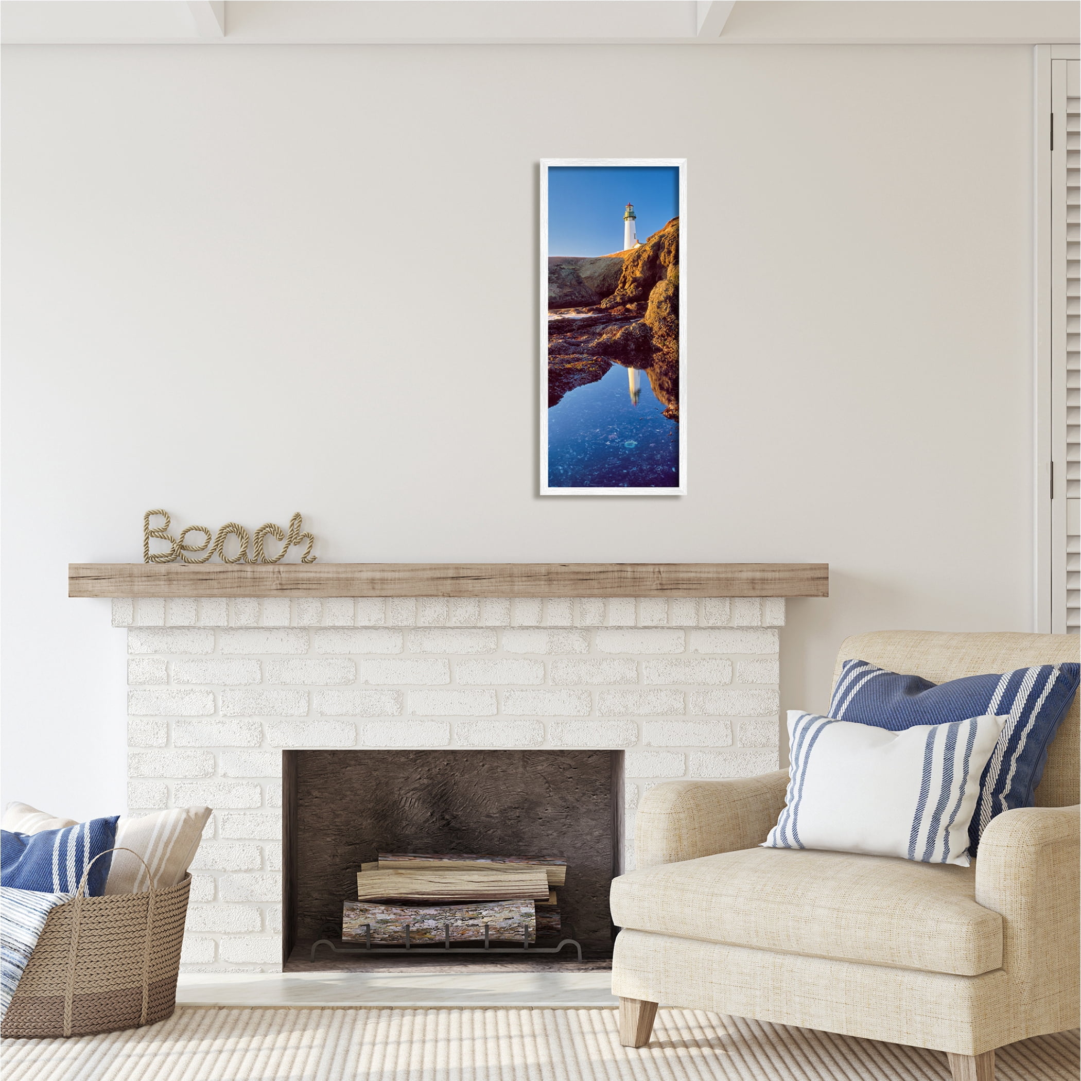 Stupell Industries Lighthouse Water Reflection Nature Photography White Framed Art Print Wall Art, 13 x 30