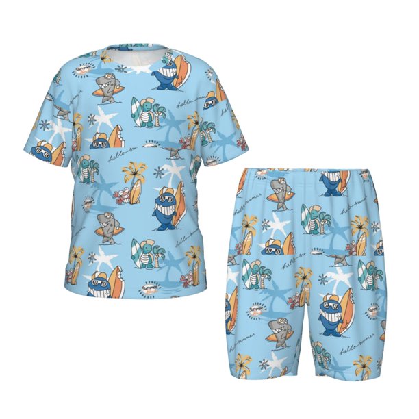 Balery Cute Animals Surfers Conjunto de Pijama Infantil de Manga Corta con Estampado – Ropa de Dormir de Algodón Suave-Large