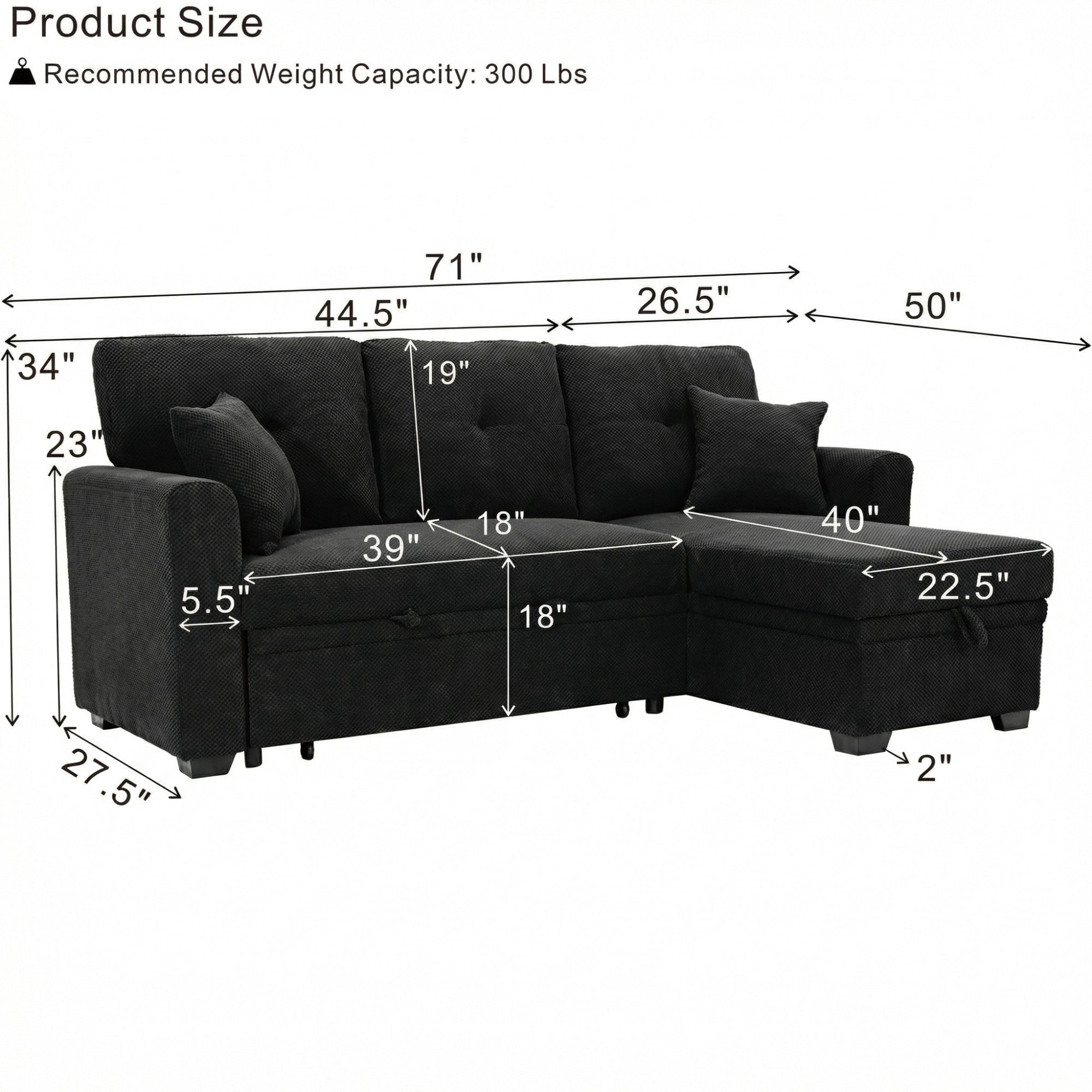 BSHTI 71"Foil Fabric L-Shaped Pull-Out Sleeper Sofa Bed with Reversible Chaise, Hidden Storage for Living Room（Black）