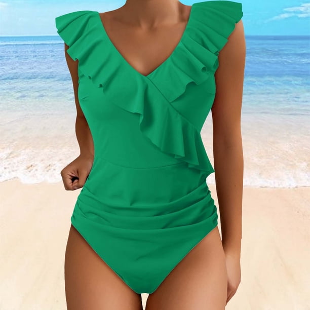 WILLBEST Traje de Baño Mujer Dos Piezas Trajes de Baño para Mujer Traje de Baño Lindo Traje de Baño con Cuello En V con Volantes