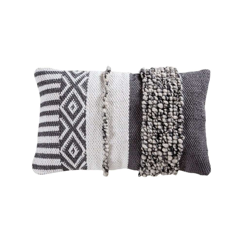 Grey and White Multi Textured Lumbar Pillow Cover 16x26inch Lumbar
