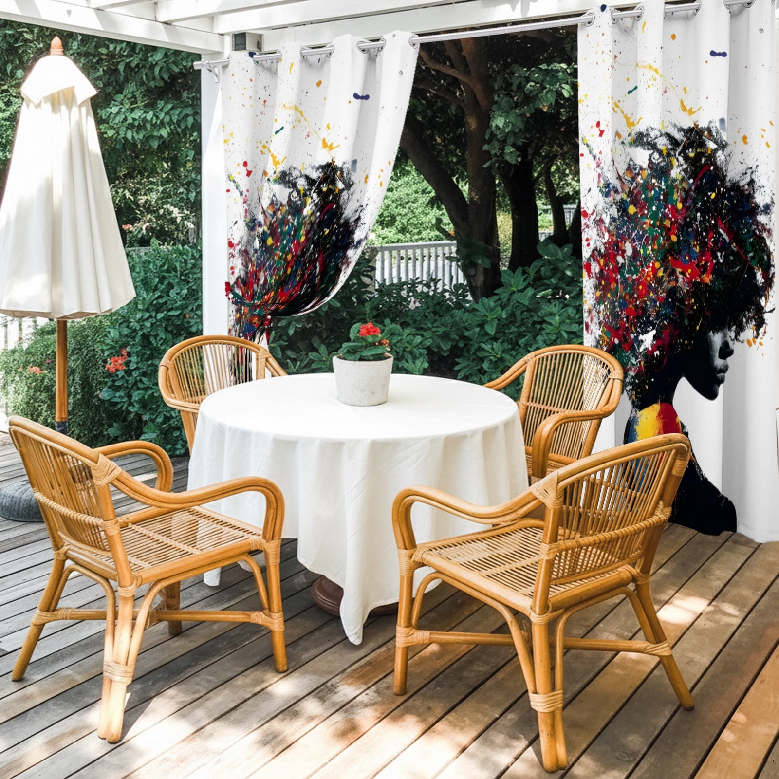 African American Outdoor Curtains for Patio, Colorful Sparkles Female Portrait Sunshade Privacy Drapes Grommet Waterproof Outside Curtains for Porch/Cabana/Balcony 54"x 108", 1 Panel