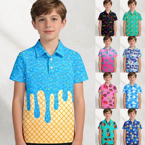 MAIHAN Boys Polo Shirt Performance Polo Shirt Ice Cream Short Sleeve School Uniform Shirt Button Closure Clothes 100th Day of School shirt Polo Shirts for Boys(Blue#01,7-8 Years)