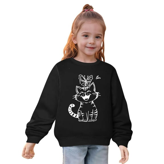 AJTQTH Cute Cat with Flower Print Long Sleeve Graphic T-Shirts for Kids Boys Girls Casual Round Neck Pullover Tops Loose Lightweight Soft Cotton Tees Shirt Black 2-3 Years