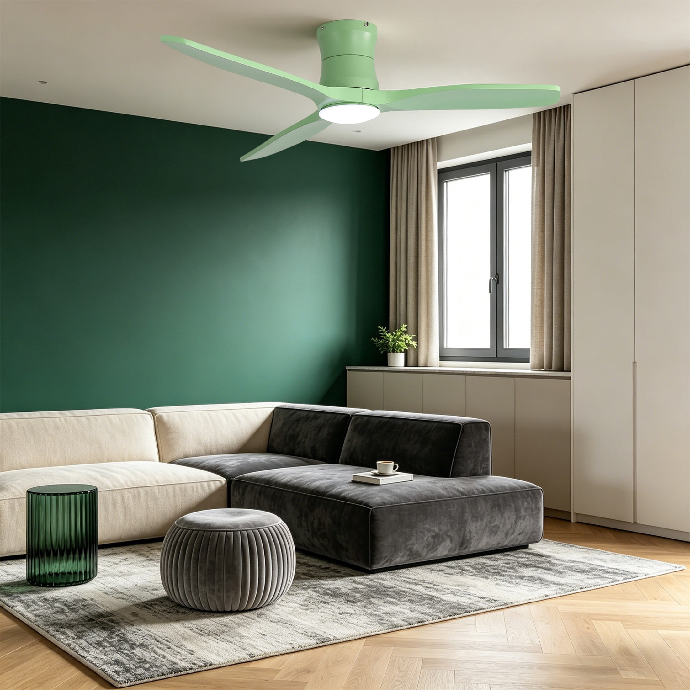 Sofucor 52 Inch Flush Mount Ceiling Fan with Light, Soft Green Finish, 3 Solid Wood Blades, 18W Dimmable 3-Color LED with Memory, 6-Speed Reversible DC Motor, Remote Control, Low Profile Ceiling Fan