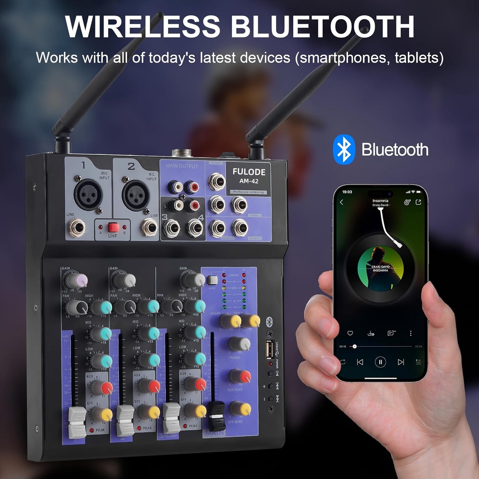 FULODE  Audio Mixer with Dual Wireless Mic, 4 Channel Mixer Board Sound Board DJ Mixer Console System MP3 Bluetooth 48V Phantom Power USB Interface for Home Karaoke Party