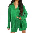thumbnail image 2 of Conjunto De Señoras Plisadas Cuello En V Manga Larga Color Puro Pantalones De Pierna Ancha 2 Piezas Ropa De Mujer Verde L, 2 of 6