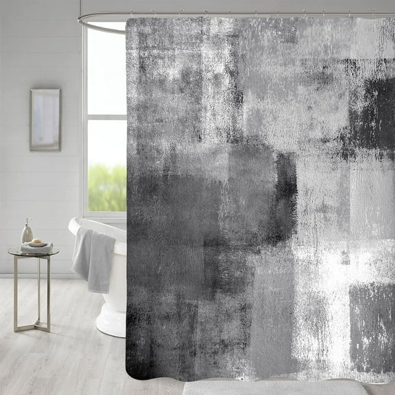 Grey Ombre Shower Curtains with Hooks, Abstract Rustic Shower Curtain for Chic Bathroom Decor, Paint Brush Graffiti Design, Vintage Country Grunge Style, 72 x 72