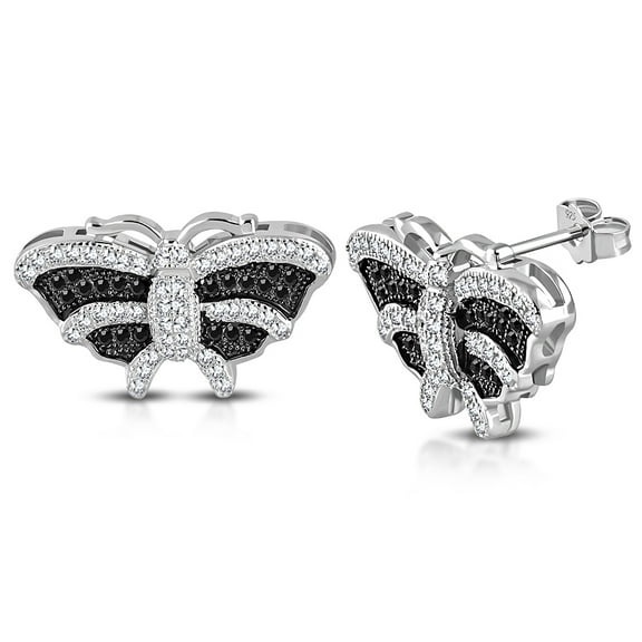 925 Sterling Silver Black White CZ Butterfly Large Statement Stud Earrings