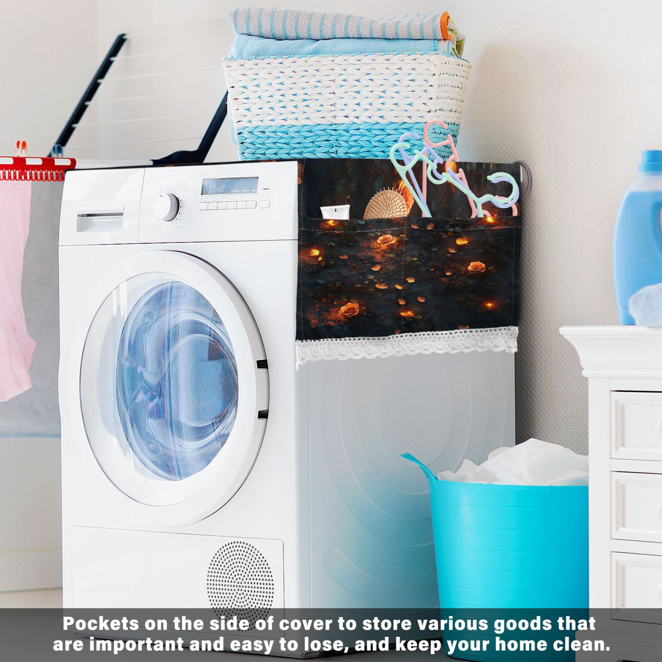 Glowing RosesWasher and Dryer Covers Dust-Proof and Oil Resistant Fridge Cover with 4 Storage Pockets Washing Machine Top Cover for Laundry Kitchen Home 51.2 x 22 In
