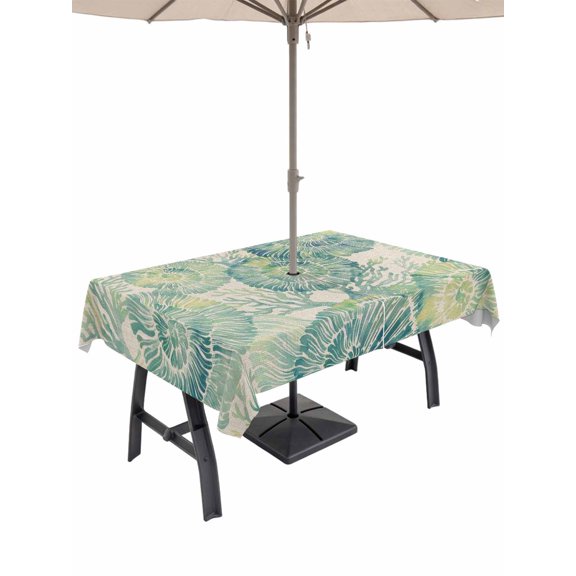 Outdoor Tablecloth with Umbrella Hole for Patio/Picnic/Party/Camping, Sage Green Conch Waterproof Table Cloth Rectangle Table Cover Washable, Coastal Summer Beach Coral Vintage Art (54"x 80")