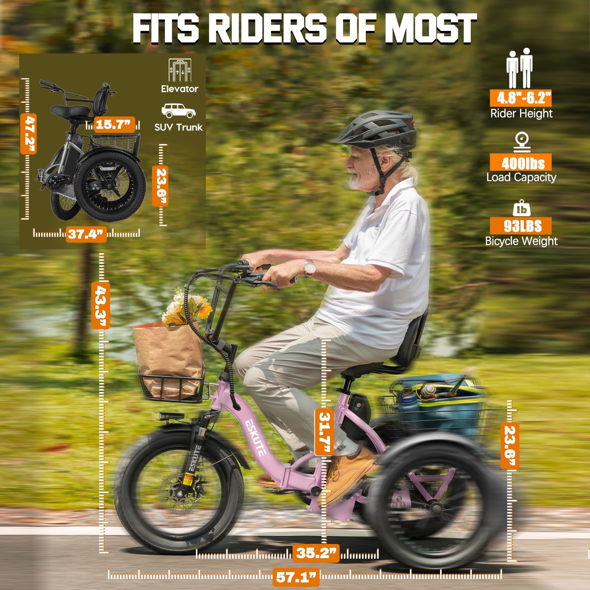 ESKUTE Pink E Trike Electric Bike, Peak 1200W Brushless Motor Folding Trike 18X3.0 Fat Tire Ebike, 499Wh Removable Battery, Step-Thru 3 Wheel Electric Bicycle, 48V 13AH 18MPH+ Tricycle for Adults