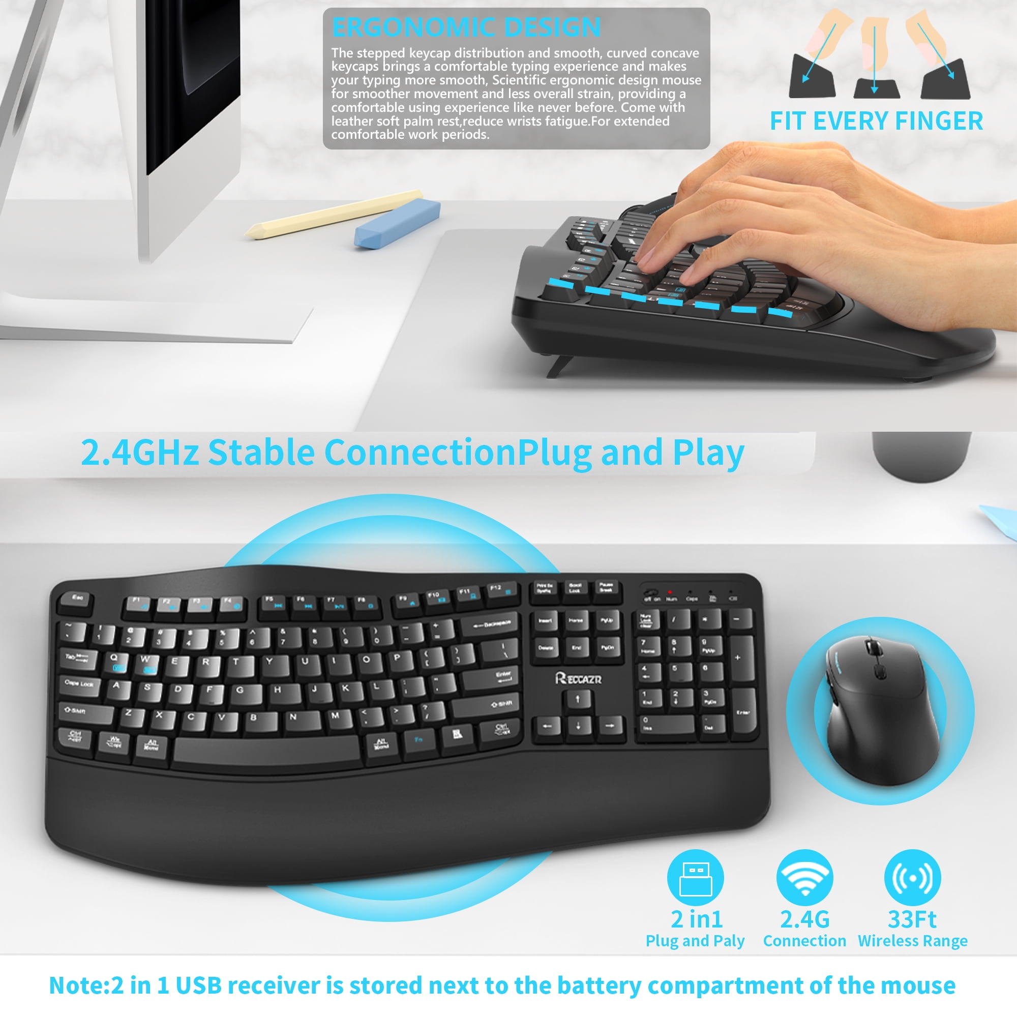 Wireless Keyboard and Mouse Combo,2.4G Full Size Wave Keys Ergonomic Keyboard with Wrist Rest for Natural Typing, 3 DPI Adjustable Ergonomic Silent Mouse for Computer/Laptop/Windows/Mac (Black)