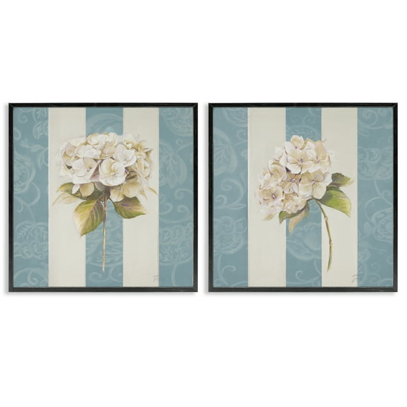 Stupell Industries Hydrangeas on Blue Strips Floral & Botanical Painting Black Framed Art Print Wall Art, 12 x 12, Set of 2