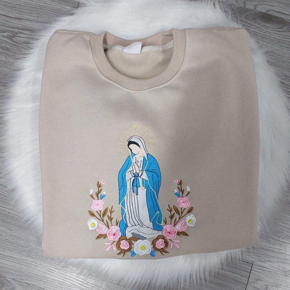 Embroidered Virgin Mary Wreath Sweatshirt, Our Lady Floral Crewneck, Catholic Faith Shirt, Religious Gift for Her
