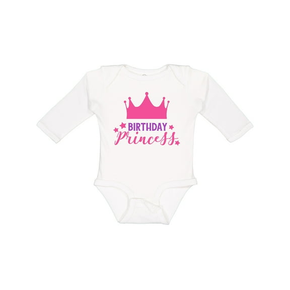 Inktastic Birthday Princess, Crown, Stars - Pink Purple Girls Long Sleeve Baby Bodysuit