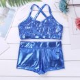 thumbnail image 2 of iiniim Girls' Kids 2-Piece Active Set Dance Sport Outfits Racer Back Top and Booty Short Gymnastics Dancing Clothes Light_Blue Sequins 14, 2 of 6