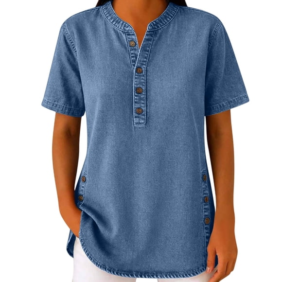 YAZHPA Denim Shirts for Women Summer Short Sleeve Blouse Button Up Henley Shirt Daily Commuting Casual Flowy Jean Tunic Tops