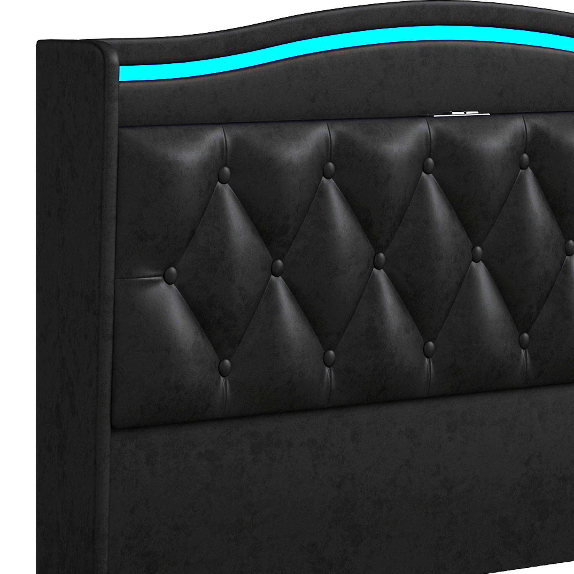 Uforic Queen Size Velvet Upholstered Bed Frame with RGB LED Ambient Light, Built-in Charging Station, No Box Spring Required, Cool Black