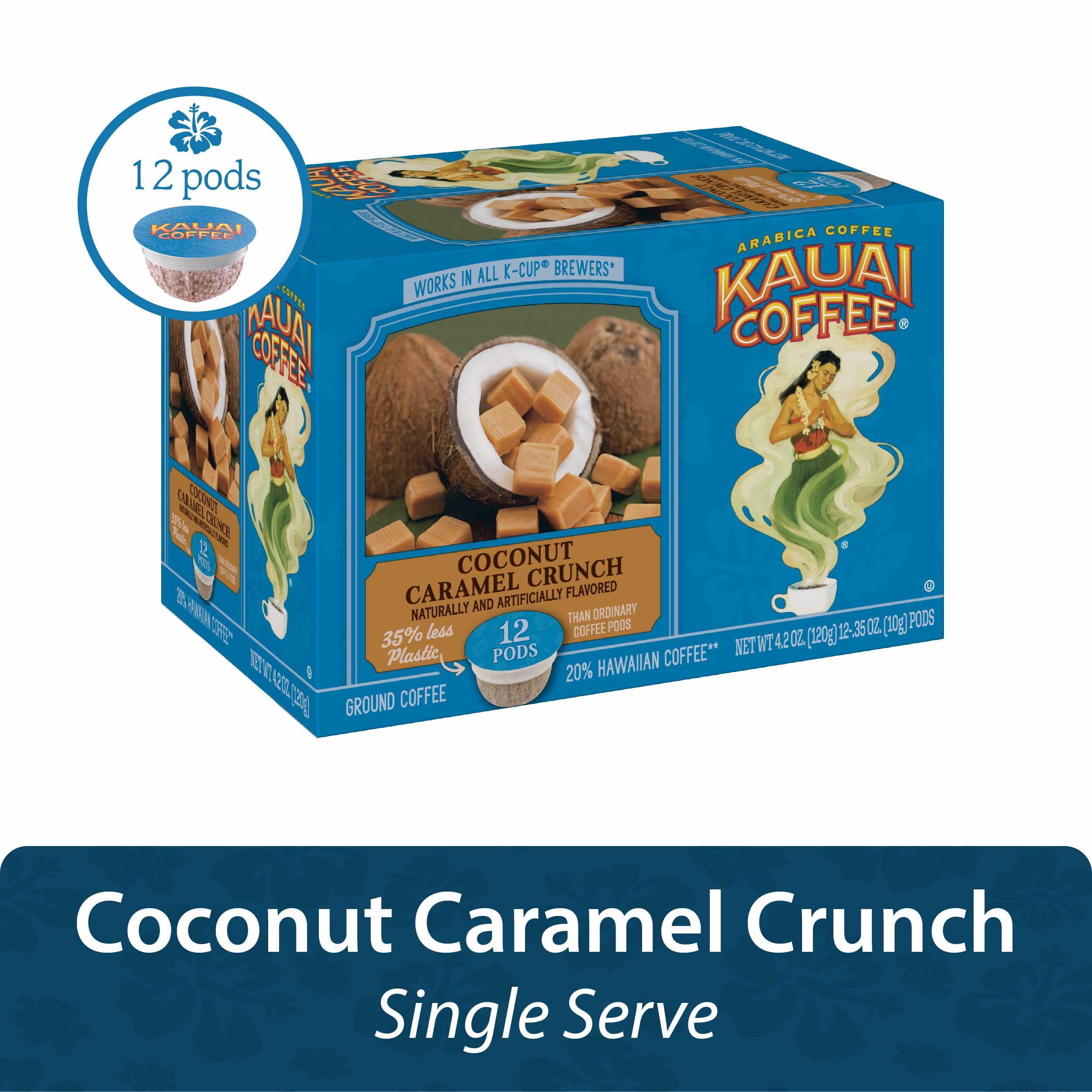 Kauai Coffee Coconut Caramel Crunch K-Cup Coffee Pods, Medium Roast, 12 Ct