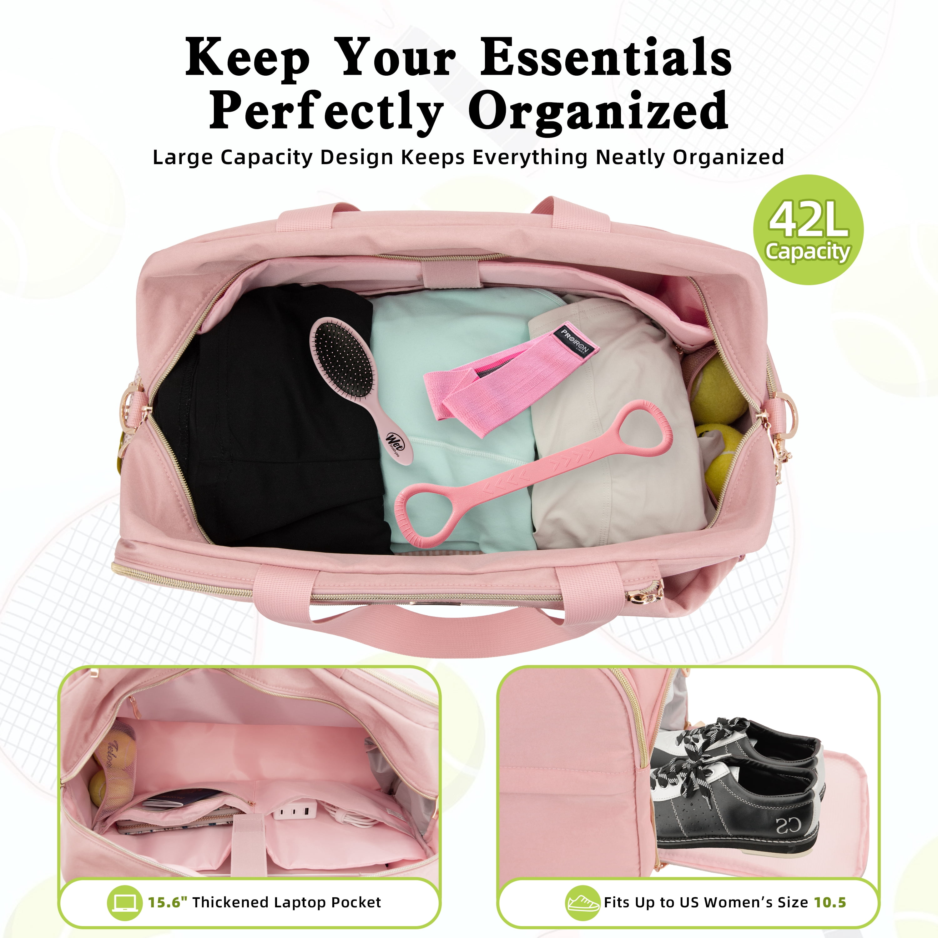 Tennis Bag for Women, Large Tennis Racket Bag Fits 2 Racquets, Pickleball Gym Sports Tote, Pink