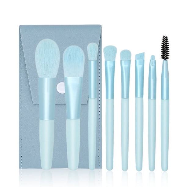 Nvzi Juego de brochas de maquillaje, kit de 8 brochas de maquillaje de viaje, brochas cosméticas para base de maquillaje, rubor, sombra de ojos con bolsa de almacenamiento (azul)
