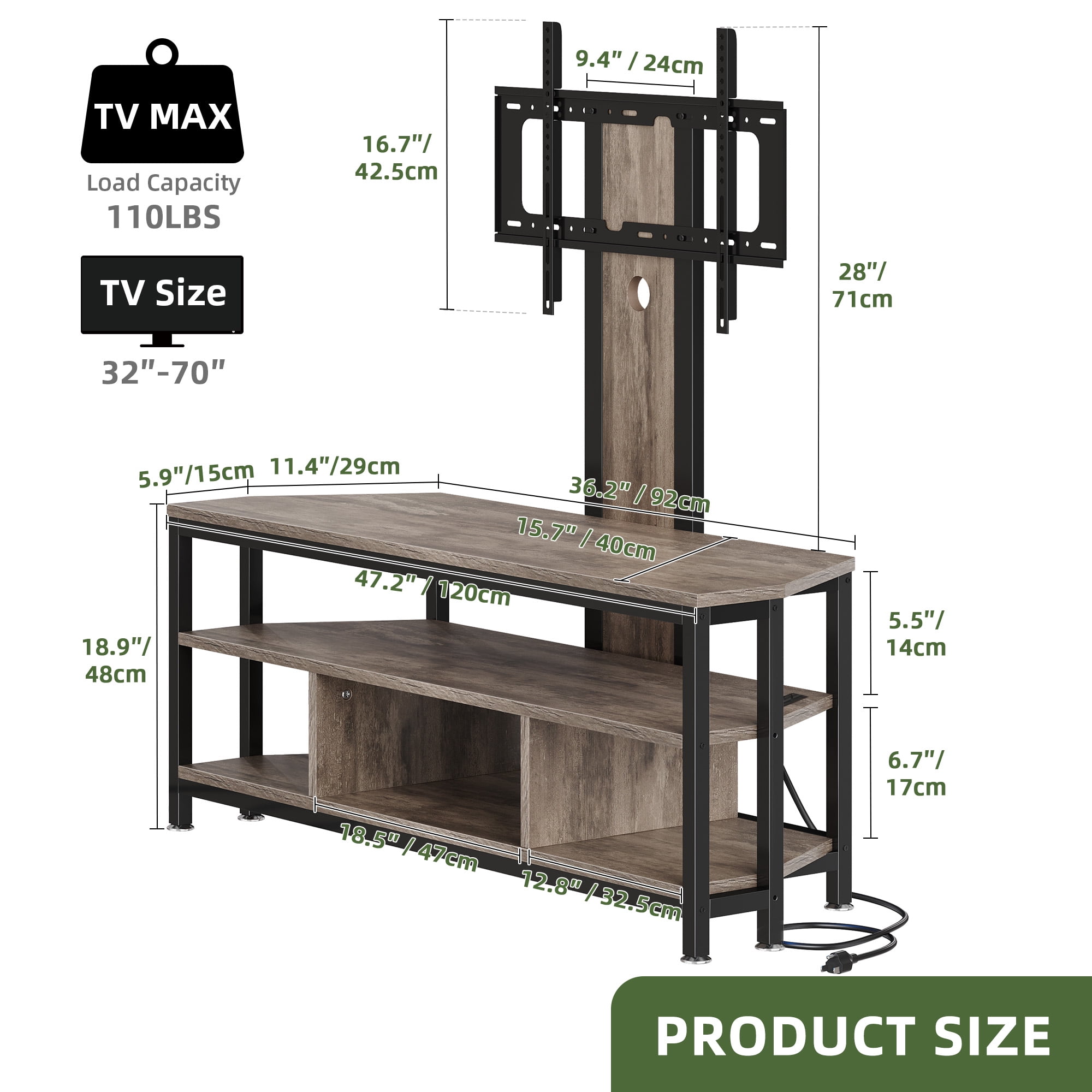 Uforic TV Stand Mount with Power Outlet, LED Entertainment Center for TVs up to 70 inches, Gray