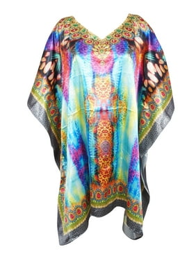 Mogul Women Multicolor Jewel Print Kaftan Kimono Style Knee Length Caftan Dresses One Size