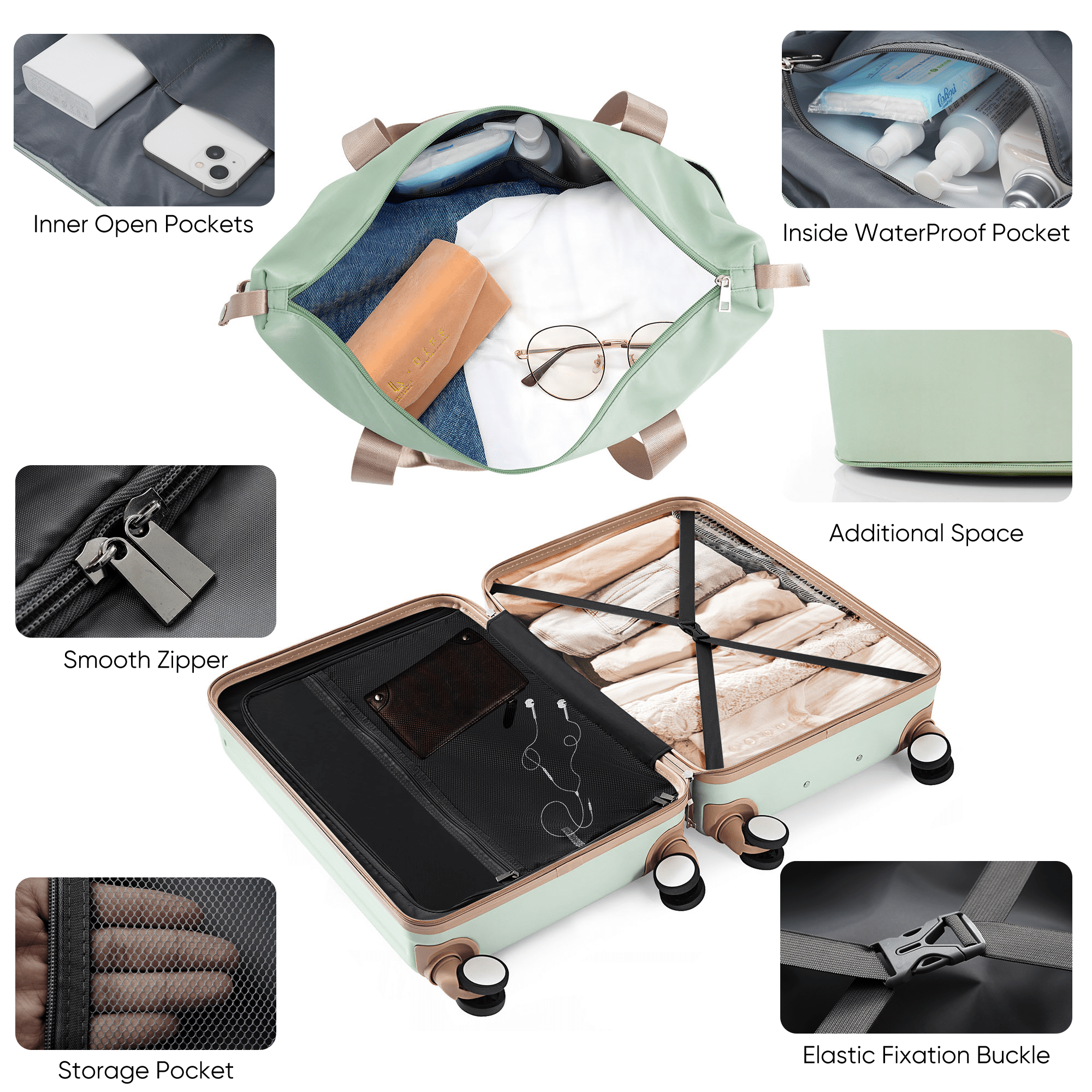 Euroco 4 Piece Luggage Sets,20" Carry-On Luggage with Front-Opening & Cup Holder,20/28inch Suitcase Set with USB Port,TSA Lock, Spinner Wheels,Travel Duffel Bag & Dry Toiletry Bag,Green