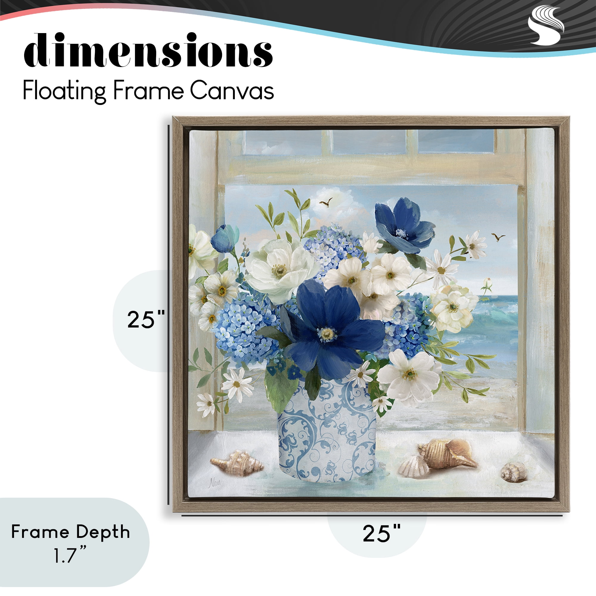 Stupell Industries Seaside Blue & White Arrangement Brown Framed Floater Canvas Wall Art, design by Nan