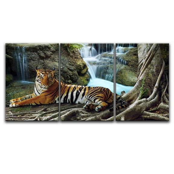 wall26 - 3 Panel Canvas Wall Art - A Tiger in Tropical Landscape - Giclee Print Gallery Wrap Modern Home Art Ready to Hang - 24"x36" x 3 Panels