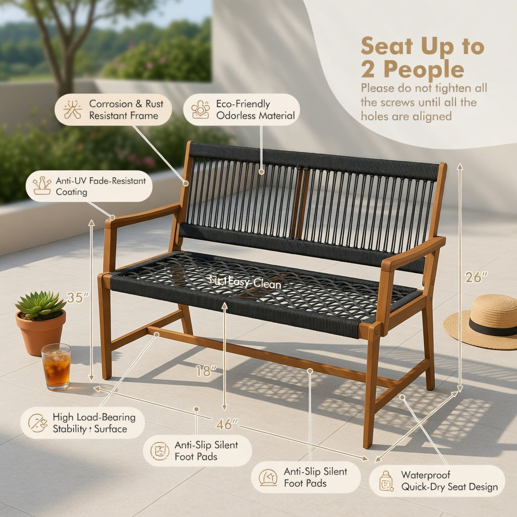 Hommoo 2-Person Outdoor Acacia Wood Bench with Breathable Rope Backrest & Armrests, Garden Seating for Patio, Porch, Backyard, Black