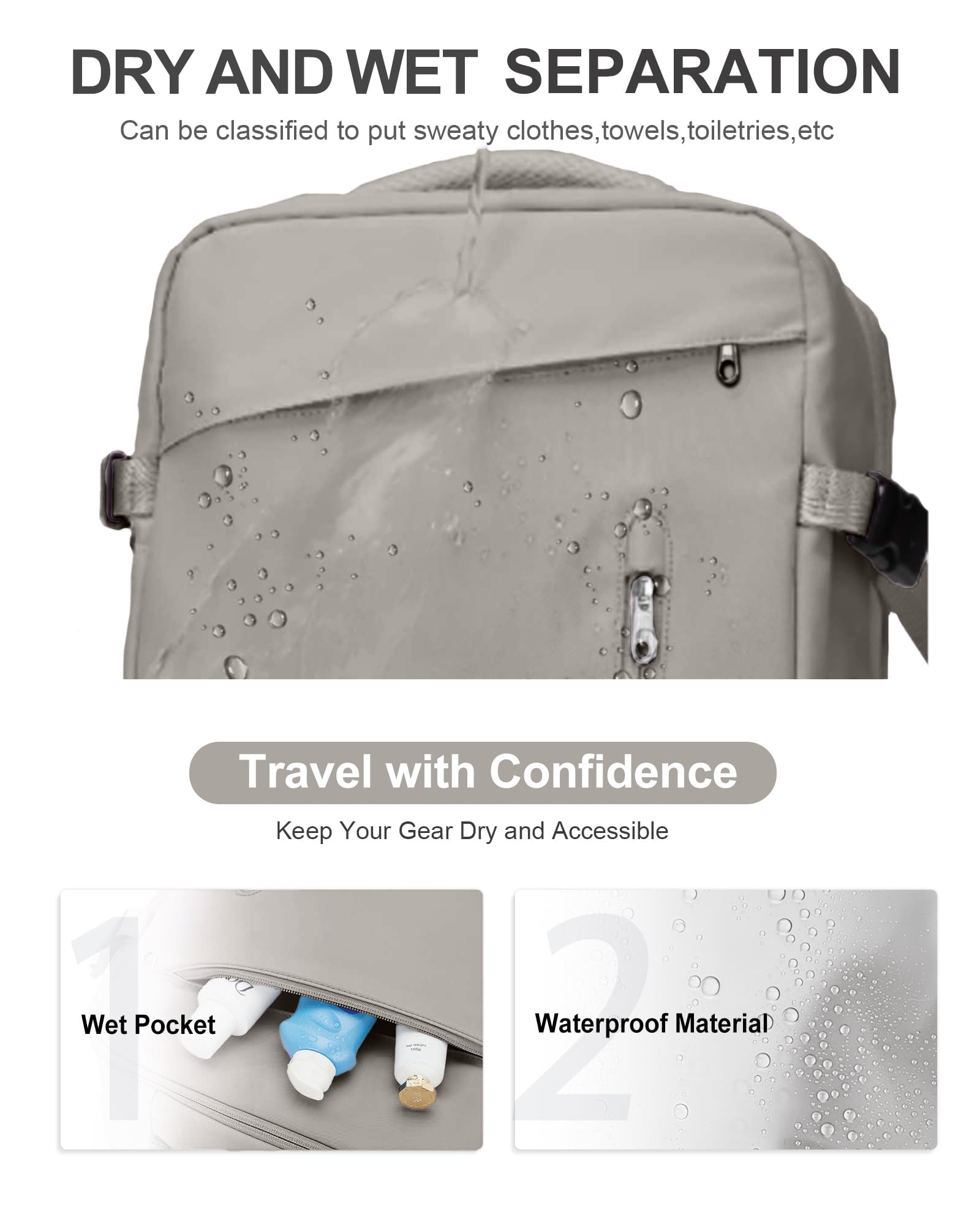 DAKIMOE Large Travel Backpack for Adults Carry on Laptop Backpack Flight Approved Waterproof College Bag with USB Charging Port & Shoe Pouch Casual Daypack for Women Men for Weekender Business, Gray