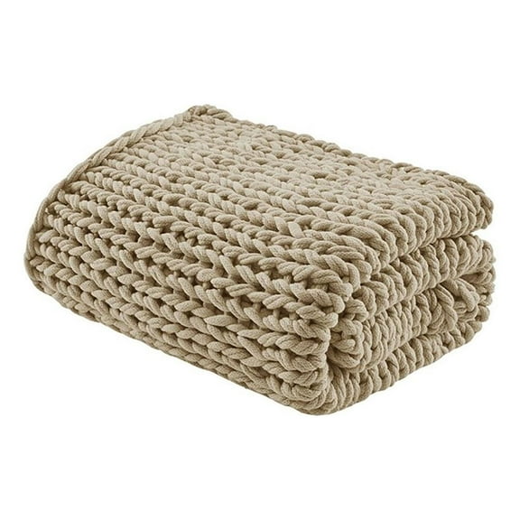 Pemberly Row Chunky Double Knit Contemporary Fabric Handmade Throw in Tan